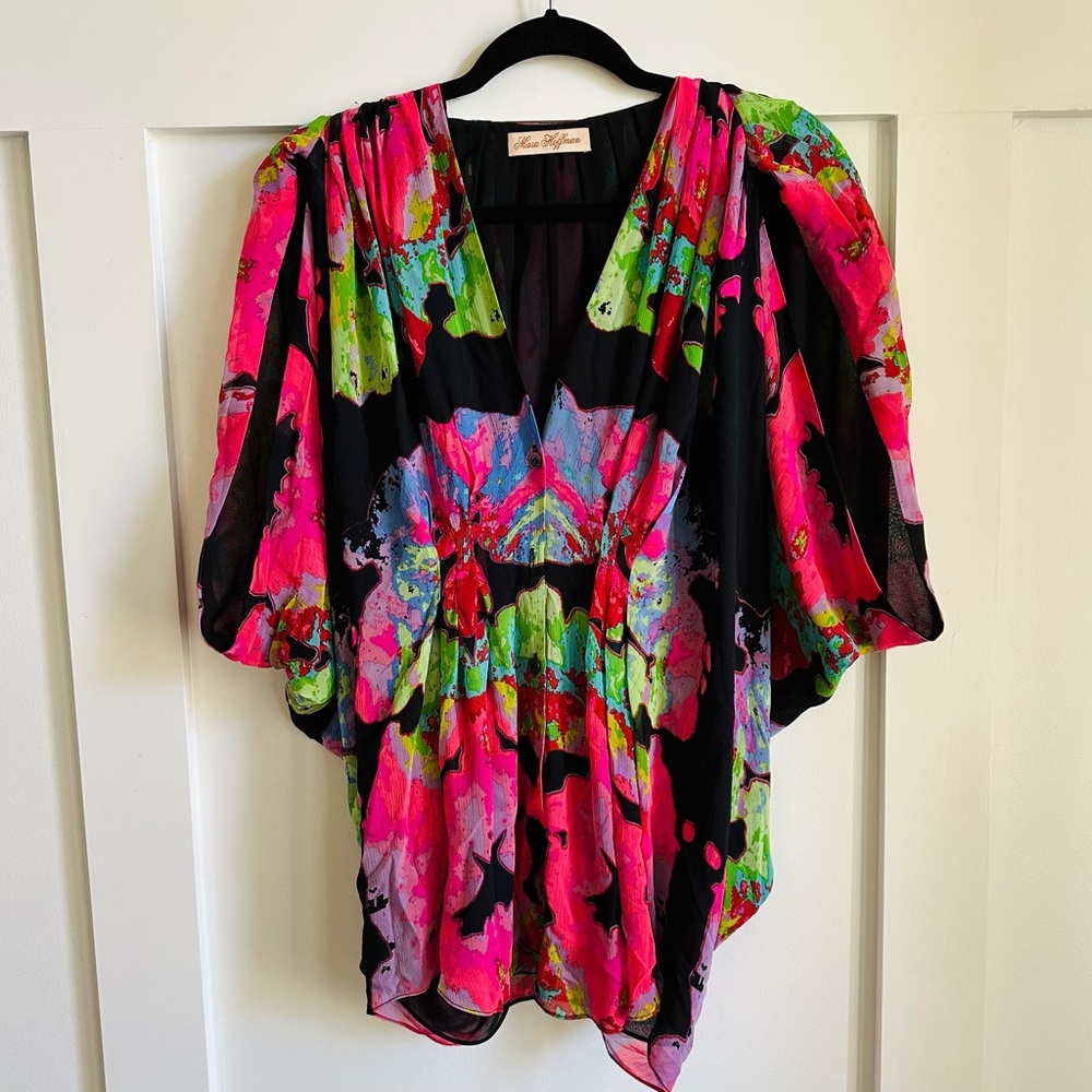 Mara Hoffman Womens size 6 Floral Print Silk Button Down V-Neck Top